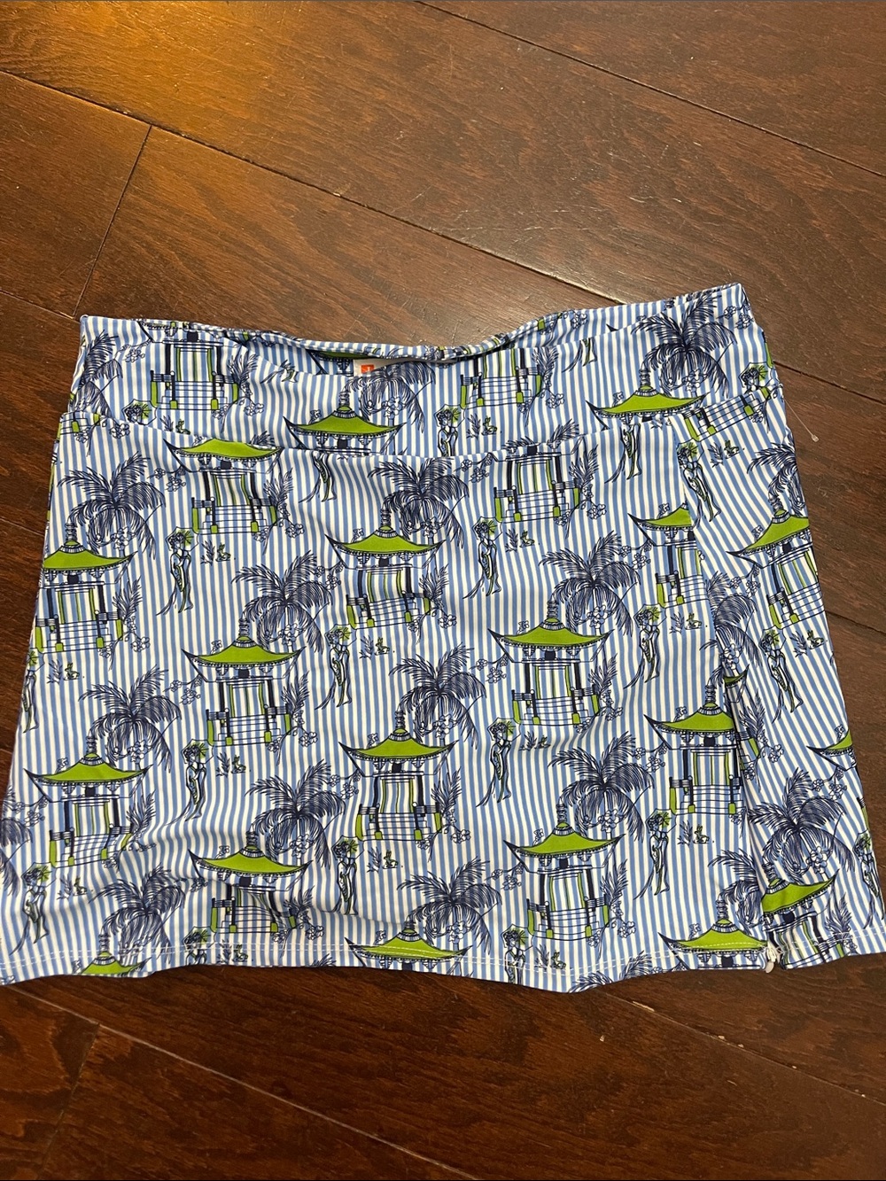 Jude Connally Blue & White Striped Mini Skirt with Lime Motif